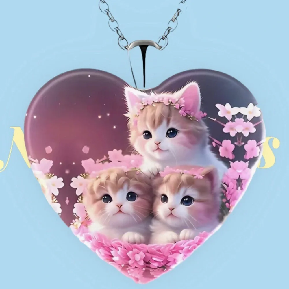 50% OFF Three Little Kittens Romping in Flowers Heart Shaped Pendant Necklace